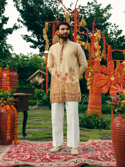 Fawn Silk Short Kurta Set with Bead Work