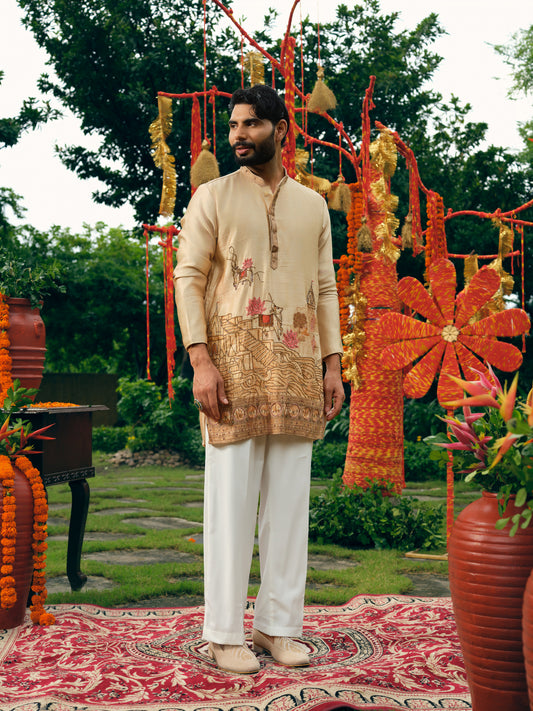 Fawn Silk Short Kurta Set with Bead Work