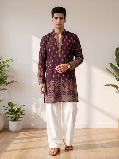 Wine Georgette Short Kurta Set with Thread & Sequin Embroidery