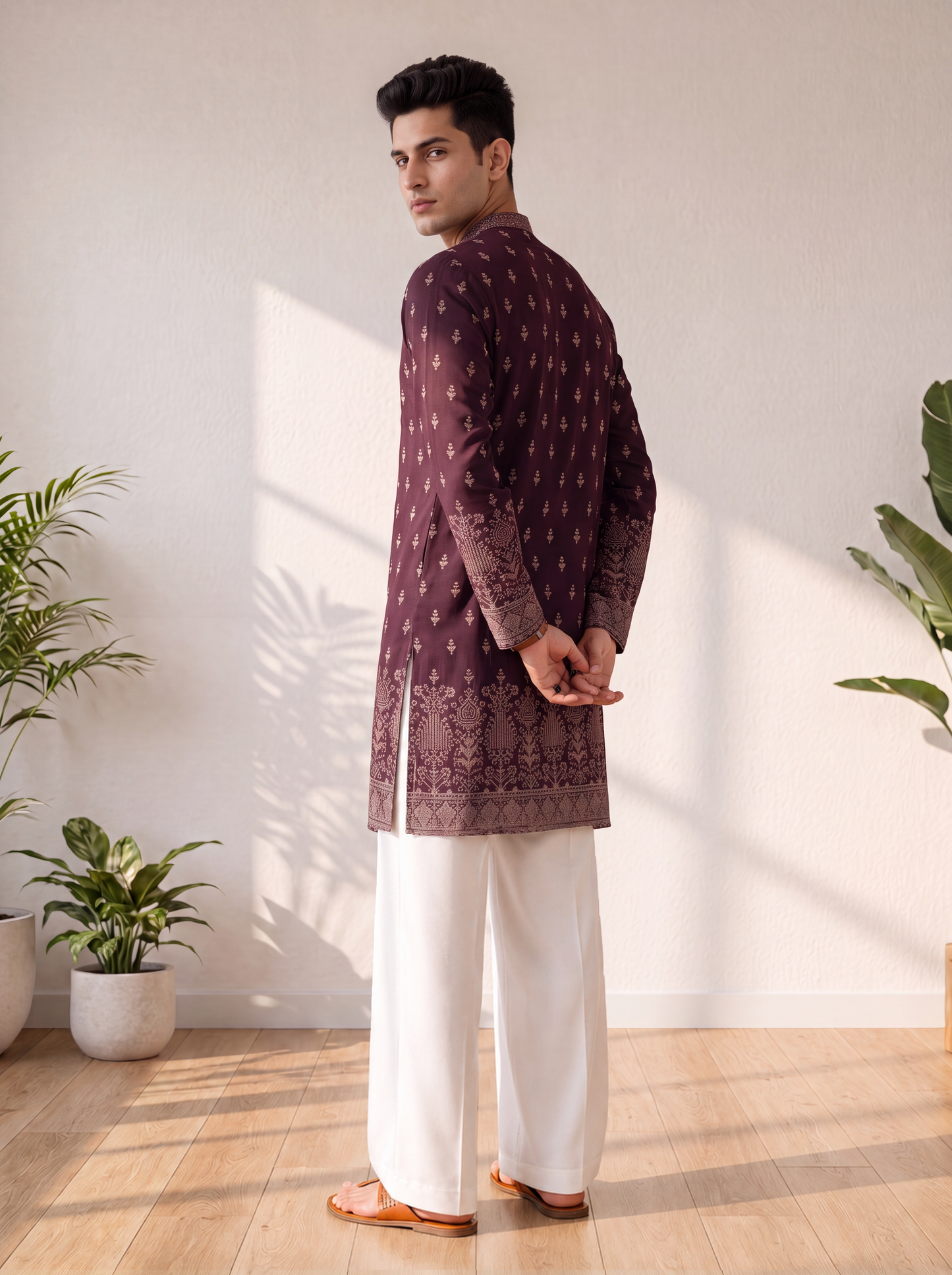 Wine Georgette Short Kurta Set with Thread & Sequin Embroidery