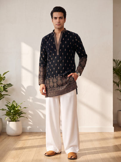 Black Georgette Short Kurta Set with Thread & Sequins Embroidery