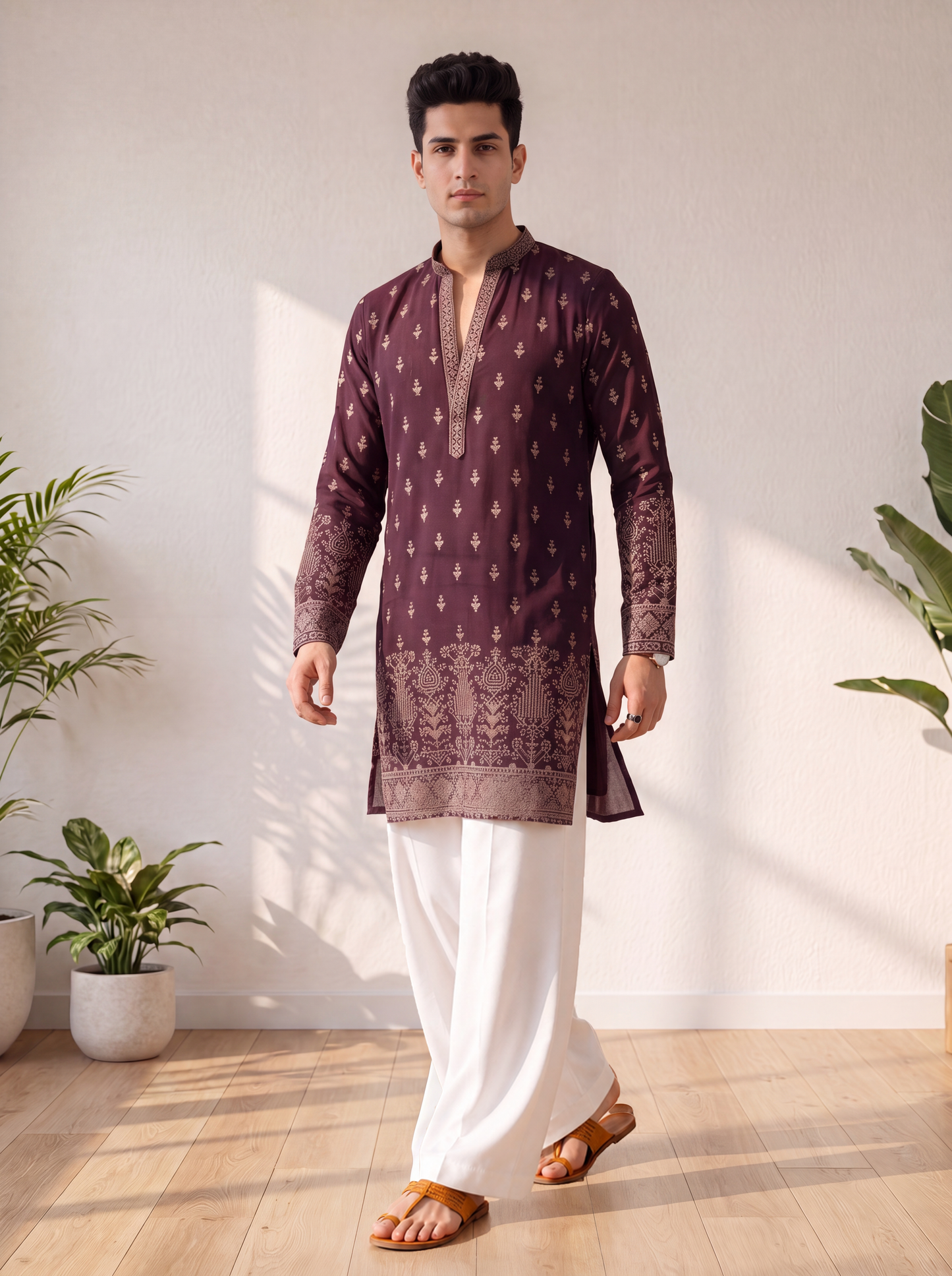 Wine Georgette Short Kurta Set with Thread & Sequin Embroidery