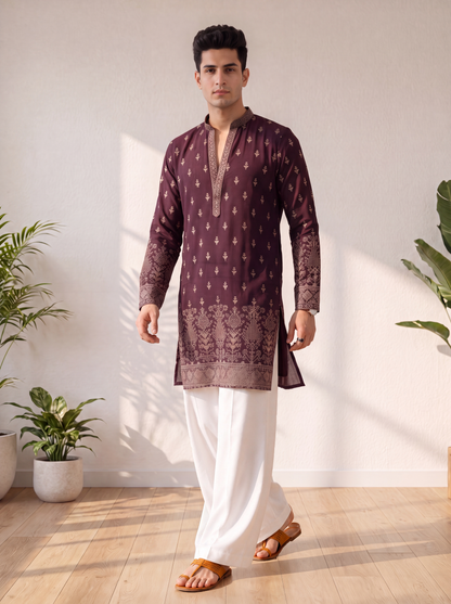 Wine Georgette Short Kurta Set with Thread & Sequin Embroidery