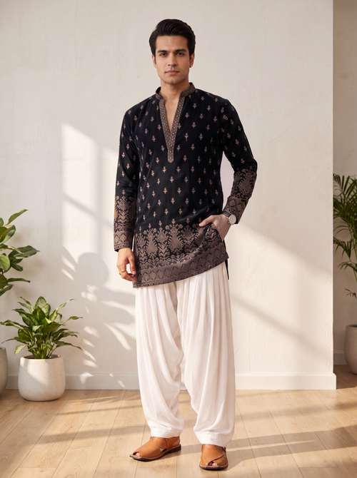 Black Georgette Short Kurta Set with Thread & Sequins Embroidery