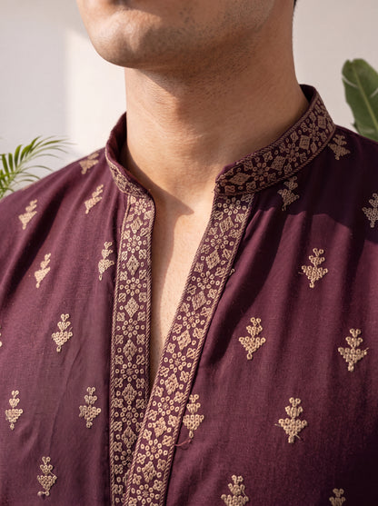 Wine Georgette Short Kurta Set with Thread & Sequin Embroidery