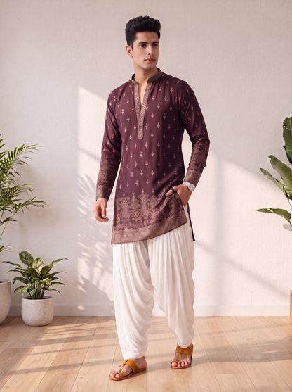 Wine Georgette Short Kurta Set with Thread & Sequin Embroidery