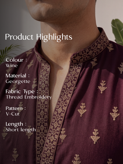 Wine Georgette Short Kurta Set with Thread & Sequin Embroidery