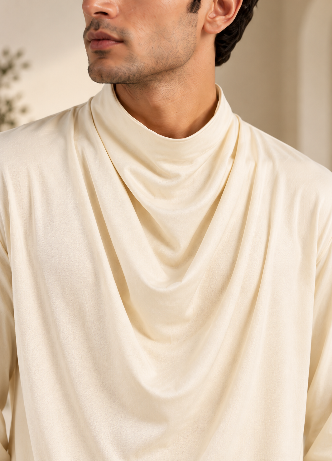 Off White Poly Cord Set with Cowl Neck