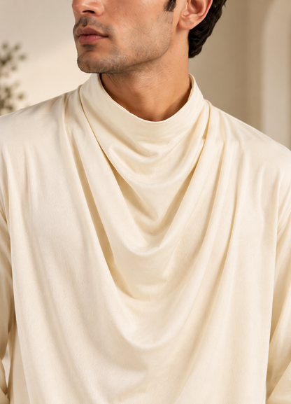 Off White Poly Cord Set with Cowl Neck