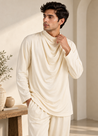 Off White Poly Cord Set with Cowl Neck