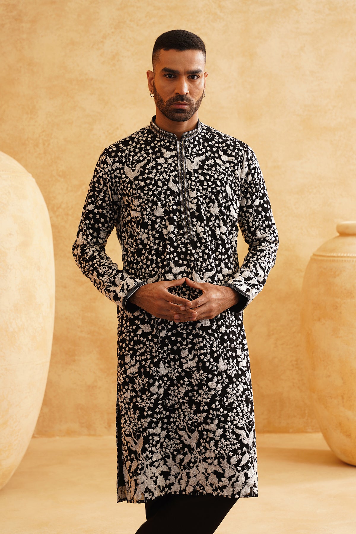 Black Georgette With Floral Threadwork Embroidery Kurta Set