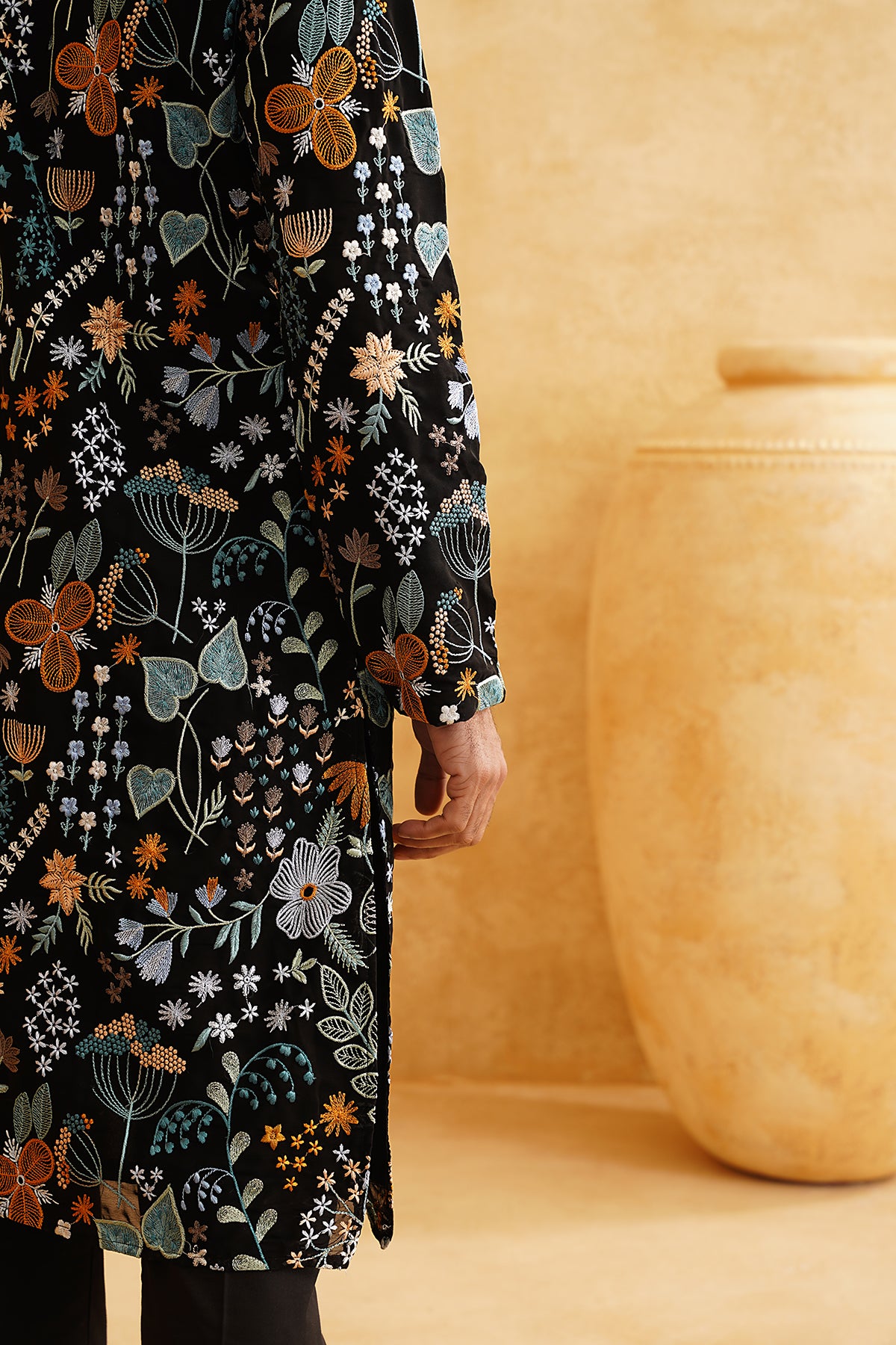 Black Georgette Multicolour Threadwork Embroidery Kurta Set