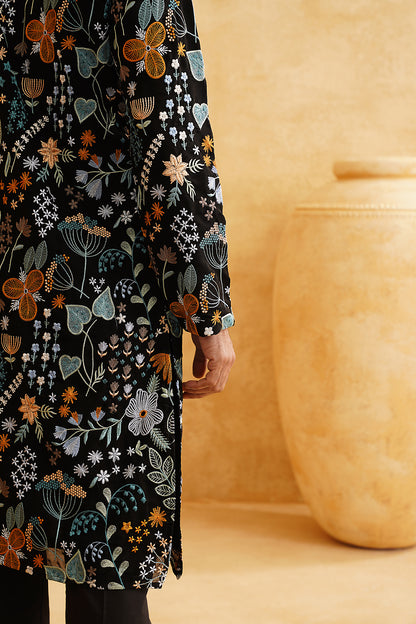 Black Georgette Multicolour Threadwork Embroidery Kurta Set