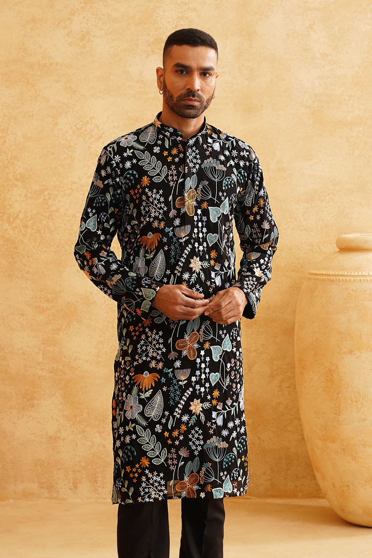 Black Georgette Multicolour Threadwork Embroidery Kurta Set