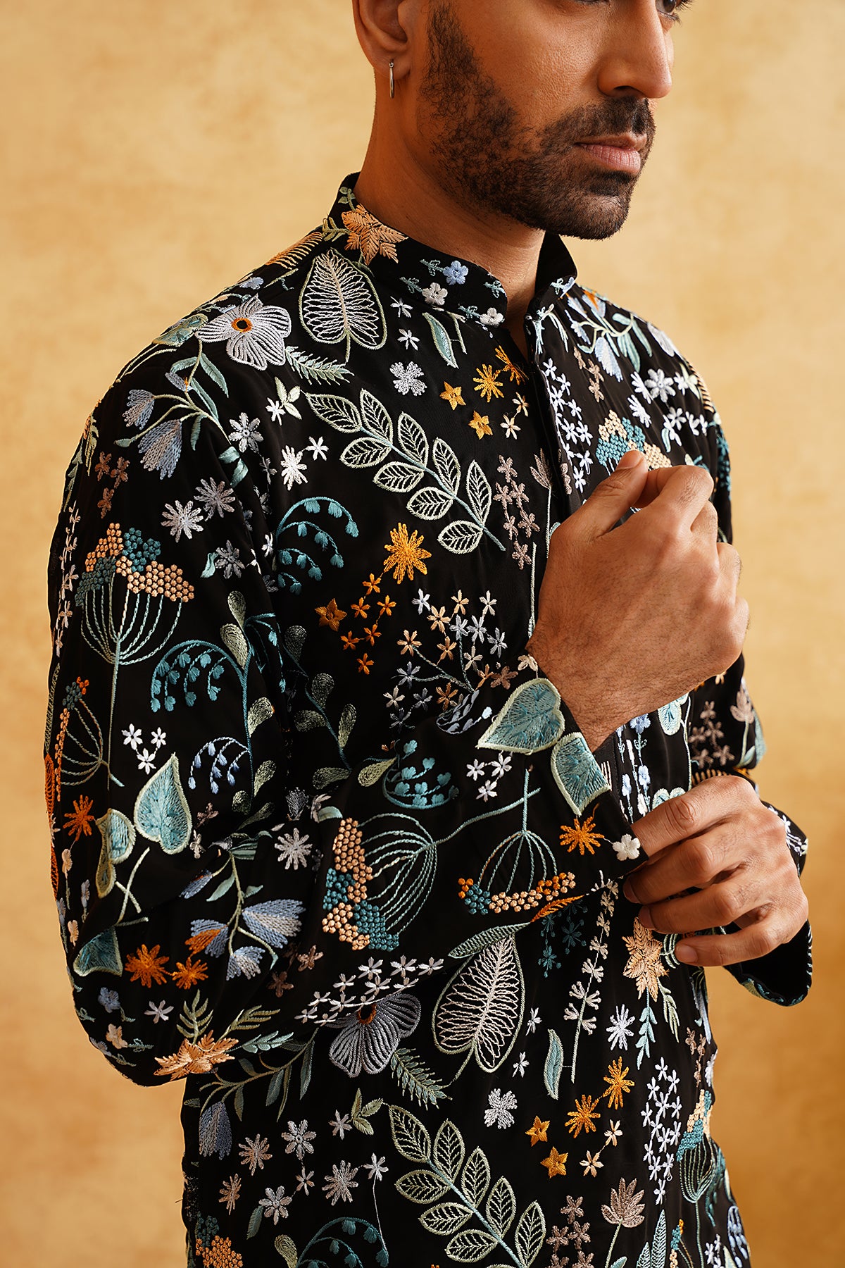 Black Georgette Multicolour Threadwork Embroidery Kurta Set