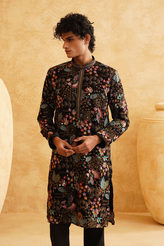 Black Zari Multicolour Thread Work Embroidery