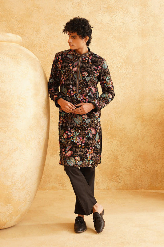 Black Zari Multicolour Thread Work Embroidery