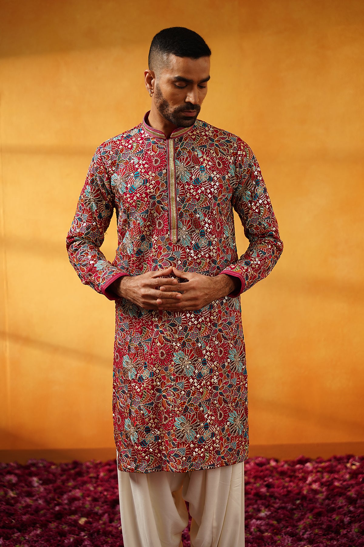 Pink Georgette Multicolour Threadwork Kurta Set