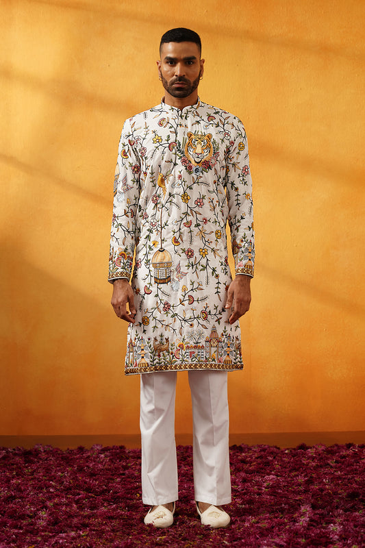 White and Rama Green Georgette with Multicolour Threadwork Embroidery Kurta Set