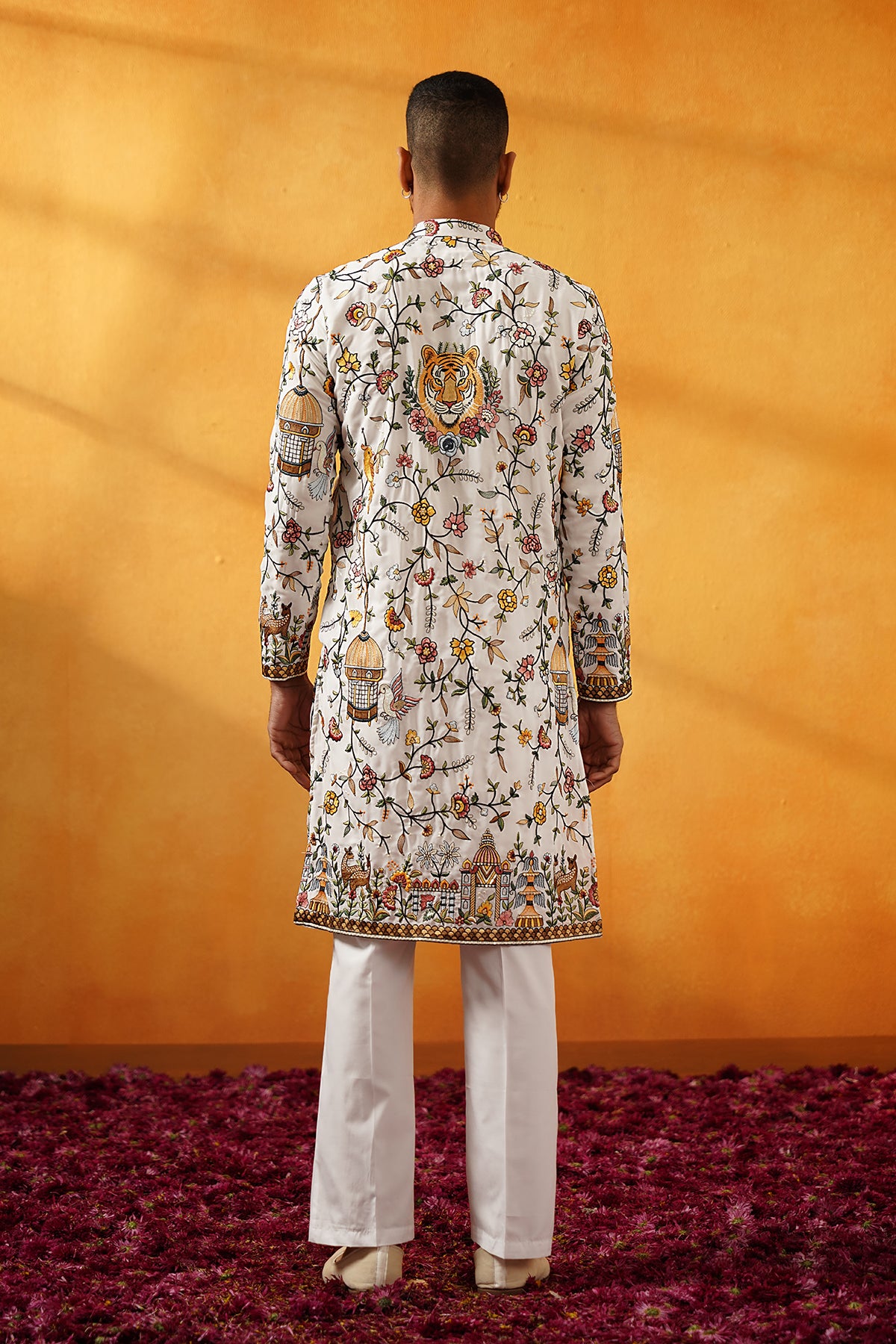 White and Rama Green Georgette with Multicolour Threadwork Embroidery Kurta Set