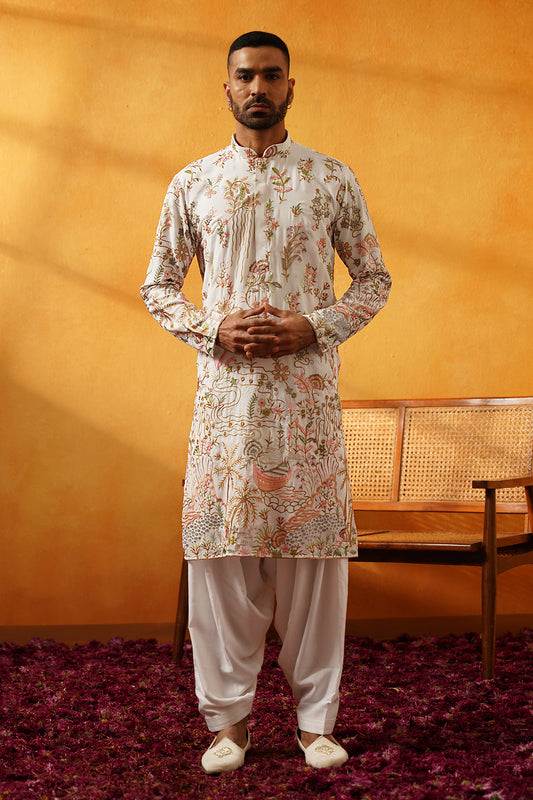 White Georgette Multicolour Threadwork Kurta Set