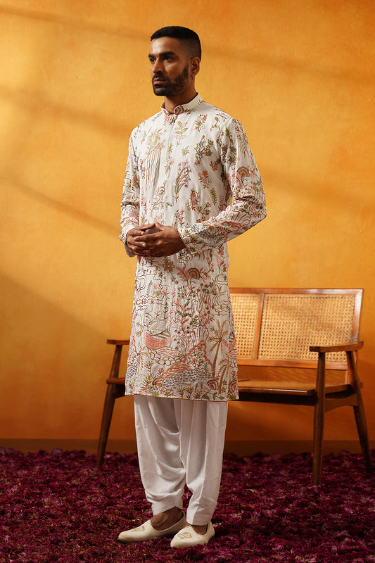 White Georgette Multicolour and Black Threadwork Kurta Set