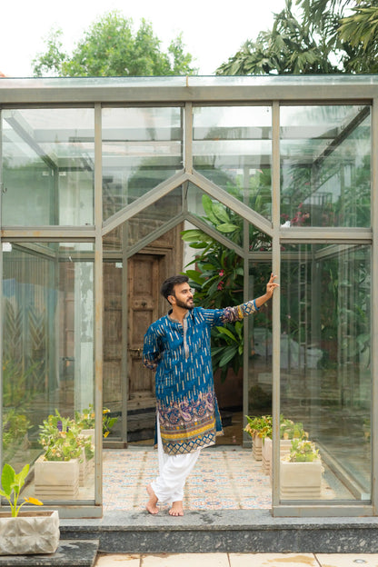 Men's Blue Dola Silk Jacquard Position Print Kurta Set