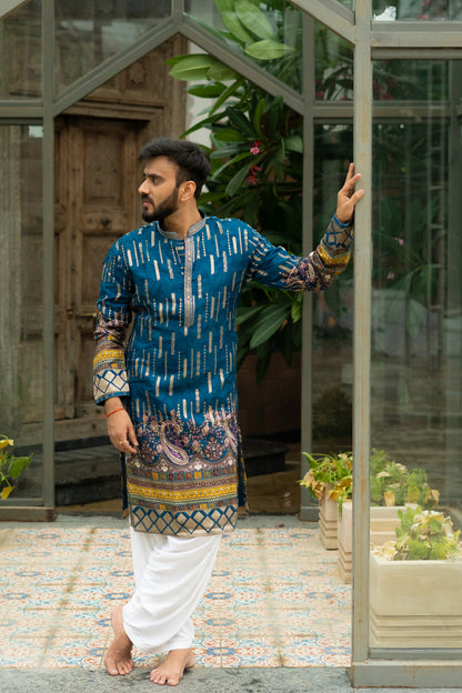 Men's Blue Dola Silk Jacquard Position Print Kurta Set