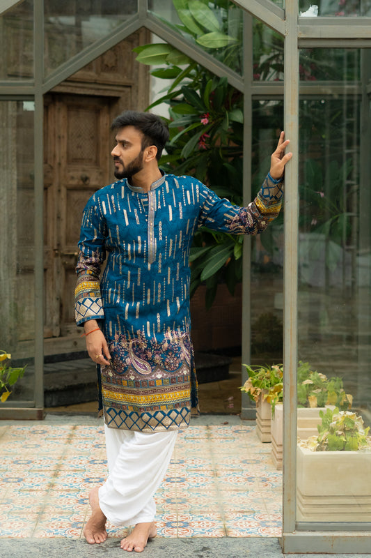 Men's Blue Dola Silk Jacquard Position Print Kurta Set