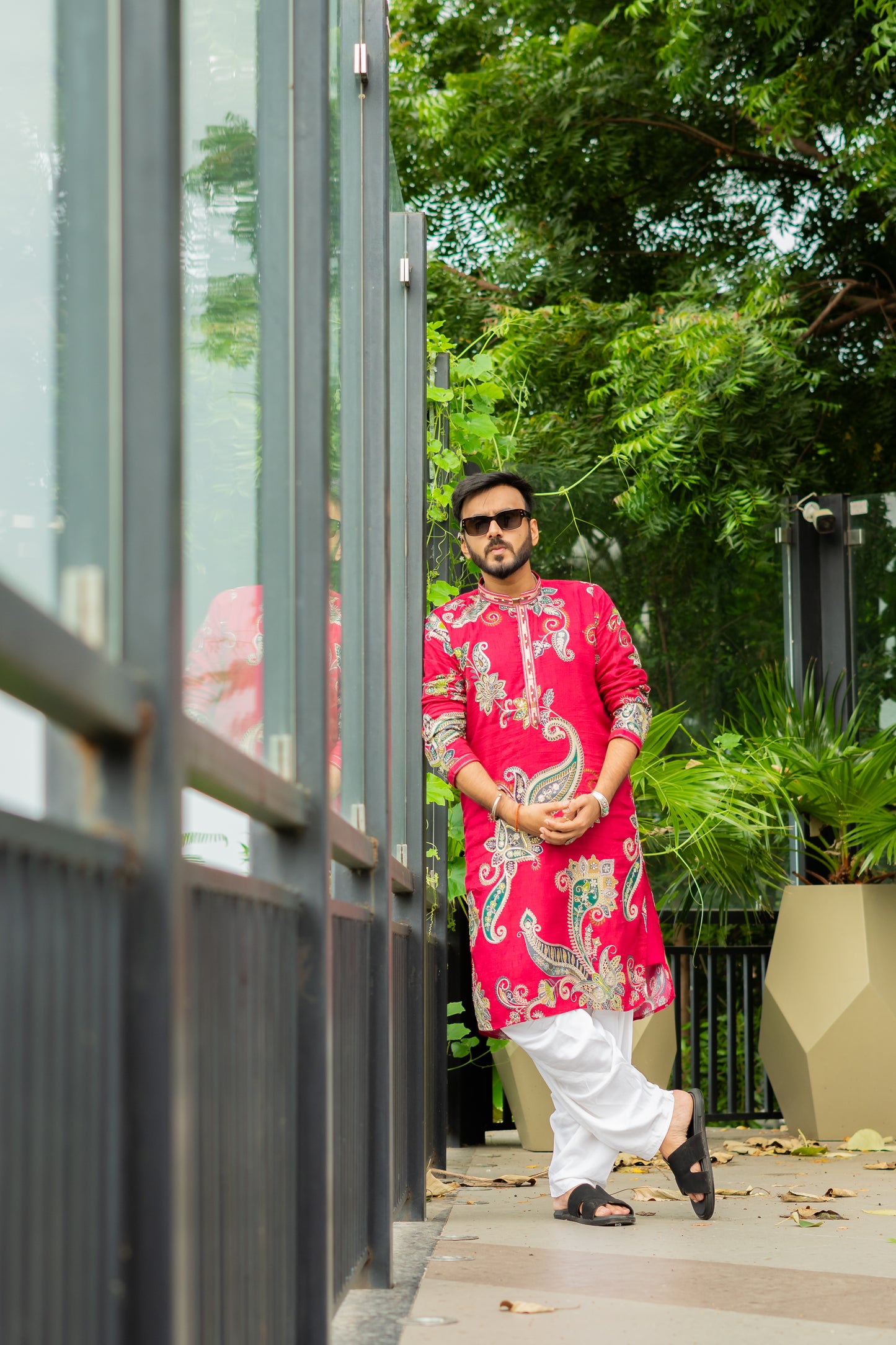 Men's Magenta Pink Silk Kurta Set with Silver Zari Embroidery