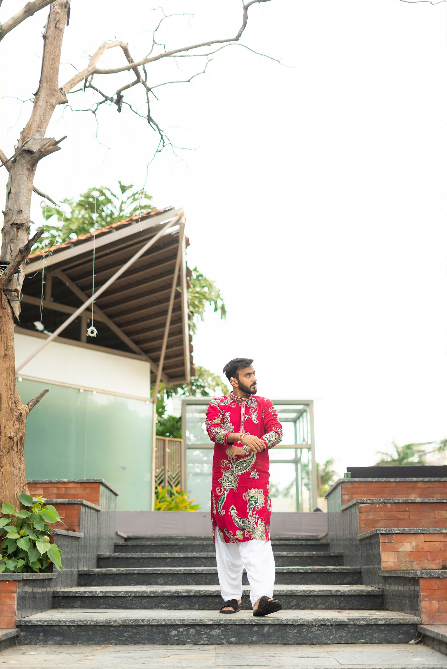 Men's Magenta Pink Silk Kurta Set with Silver Zari Embroidery