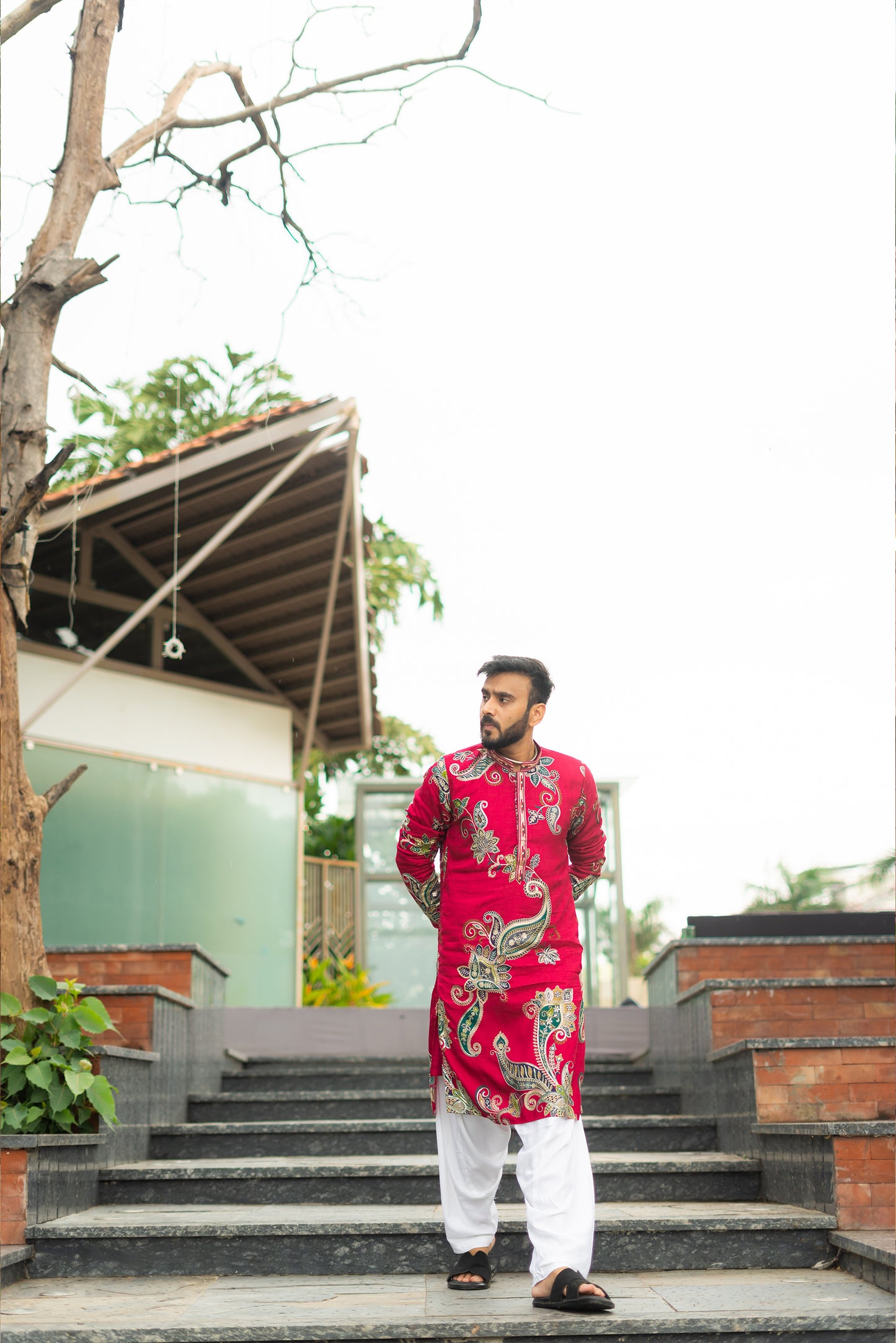 Men's Magenta Pink Silk Kurta Set with Silver Zari Embroidery