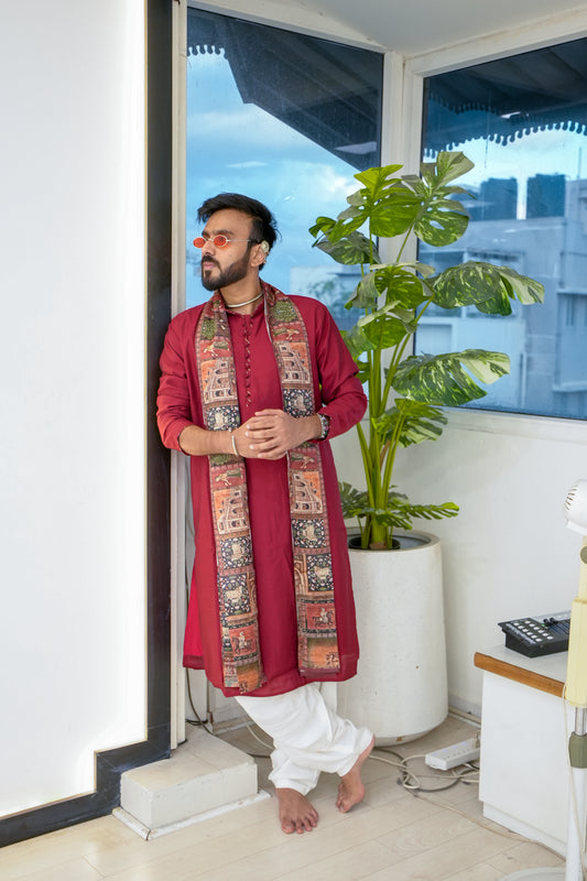Men’s Maroon Sigma Silk Kurta Set with Digital Print Dupatta