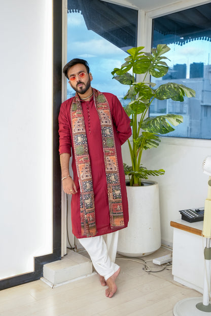 Men’s Maroon Sigma Silk Kurta Set with Digital Print Dupatta