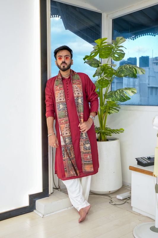 Men’s Maroon Sigma Silk Kurta Set with Digital Print Dupatta
