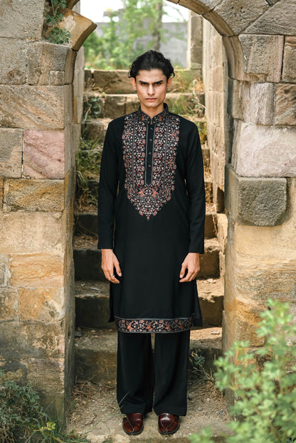 Black Kurta Set with Thread Embroidery & Swarovski Dupatta