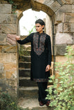 Black Kurta Set with Thread Embroidery & Swarovski Dupatta
