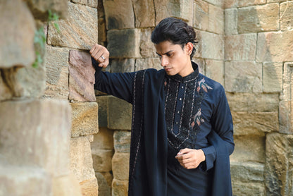 Dark Blue Kurta Set with Thread Work & Dupatta