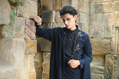 Dark Blue Kurta Set with Thread Work & Dupatta