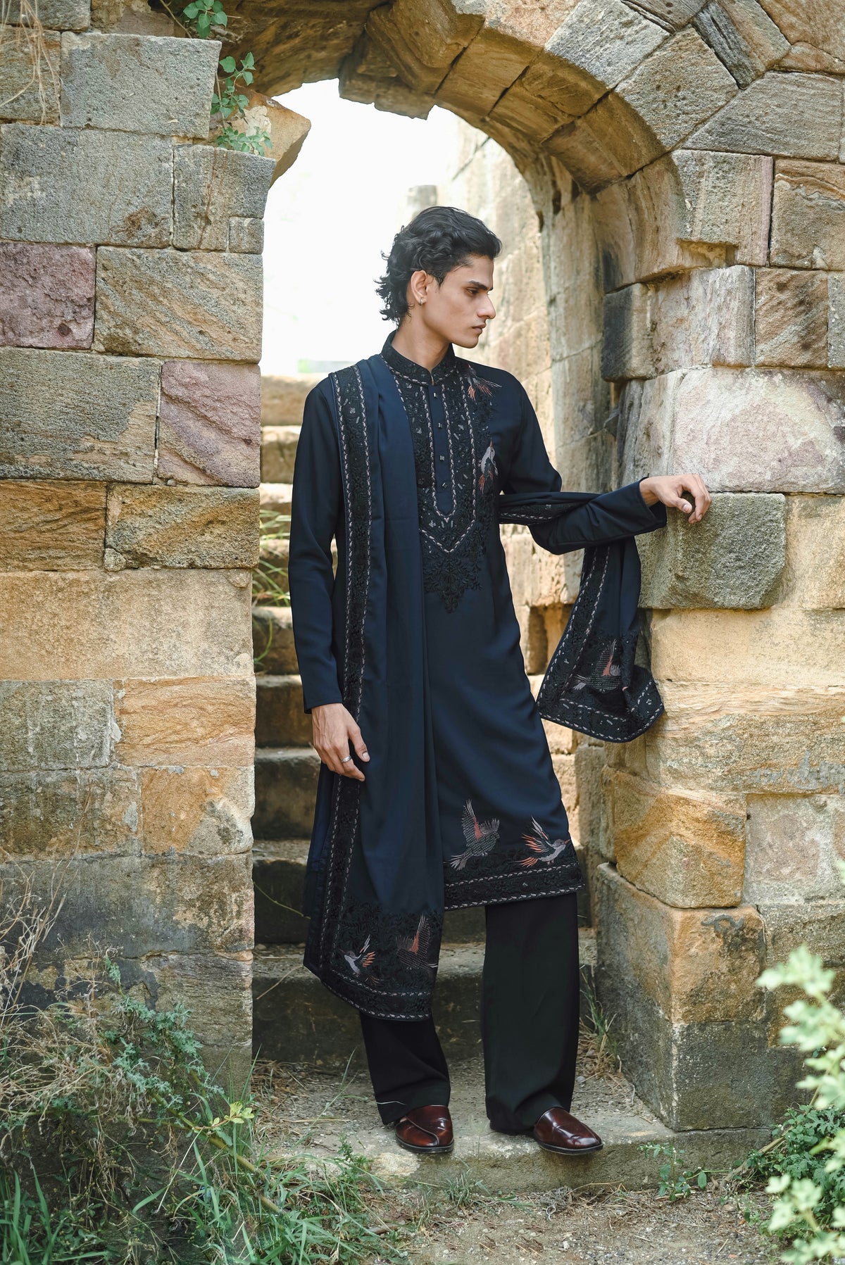 Dark Blue Kurta Set with Thread Work & Dupatta