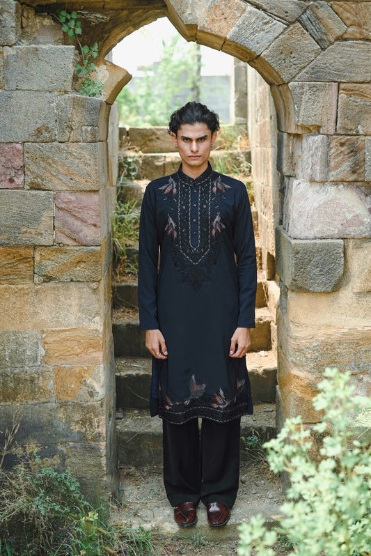 Dark Blue Kurta Set with Thread Work & Dupatta