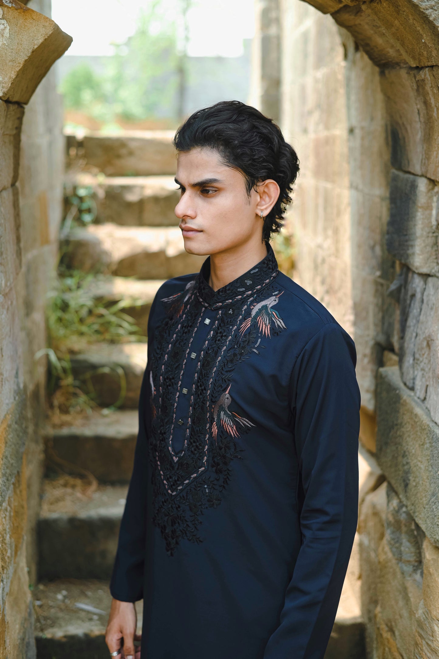 Dark Blue Kurta Set with Thread Work & Dupatta