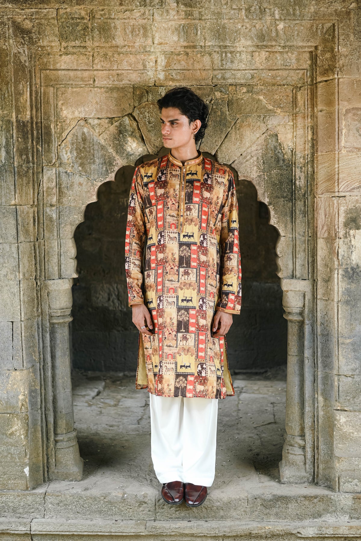 Mustard Silk Kurta with Foil Work