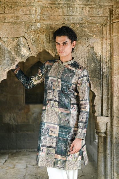 Peacock Green Silk Kurta with Foil Work