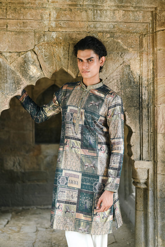 Peacock Green Silk Kurta with Foil Work