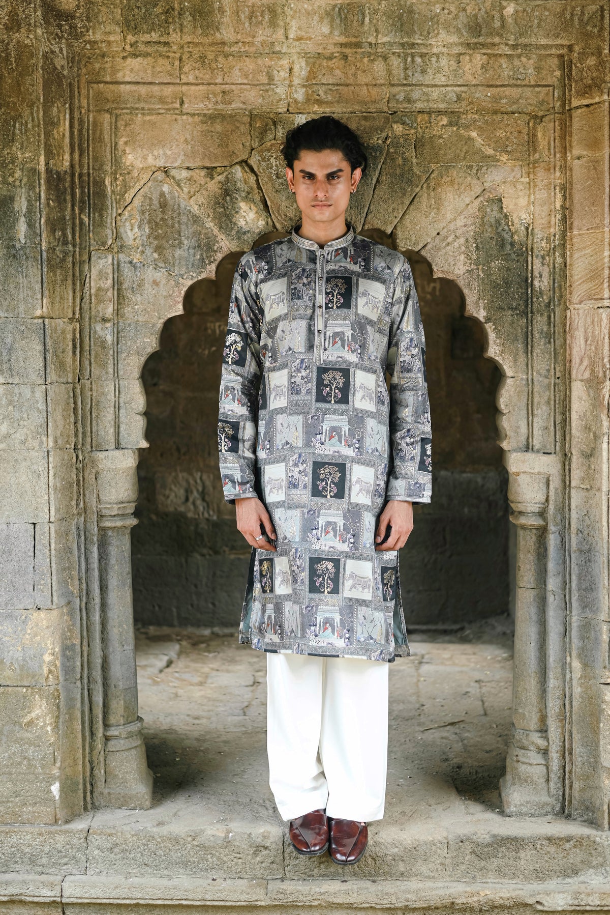Grey Silk Kurta with Digital Print and Subtle Foil Work
