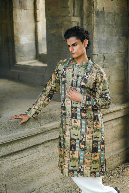 Green Silk Kurta with Digital Print and Elegant Foil Work