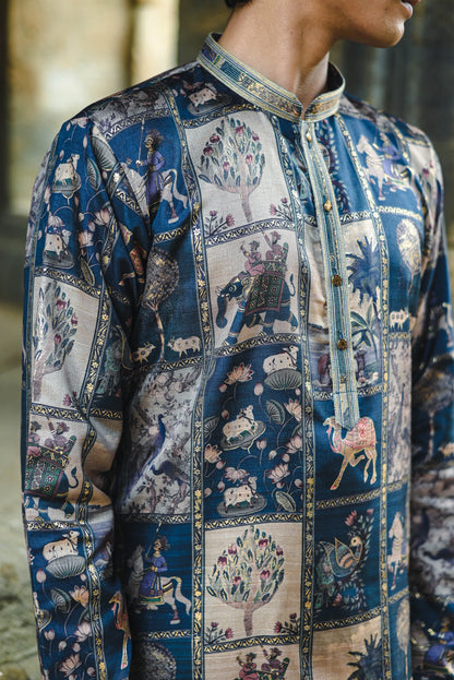 Rama Silk Kurta with Digital Print and Foil Work Detailing