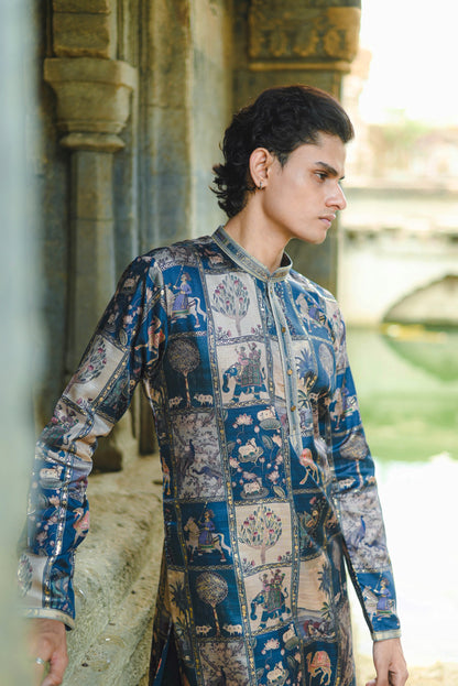 Rama Silk Kurta with Digital Print and Foil Work Detailing
