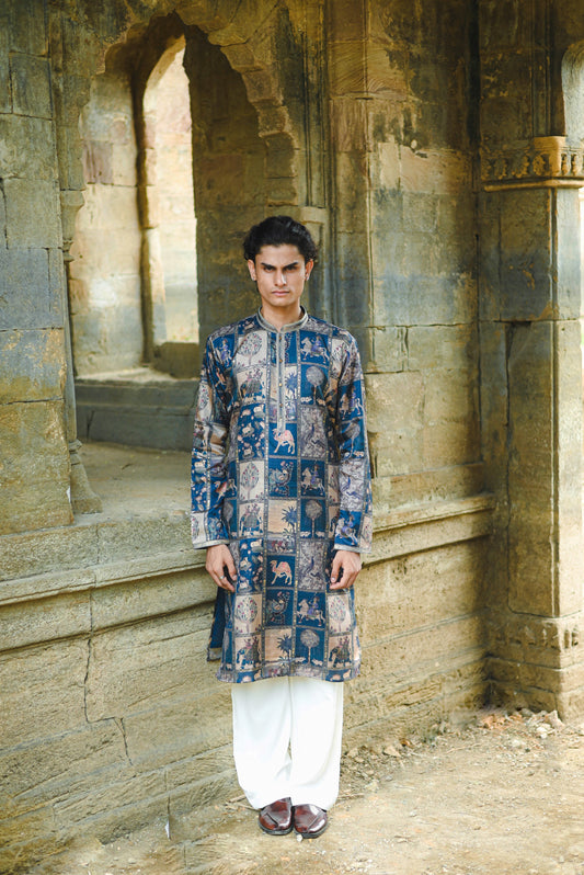 Rama Silk Kurta with Digital Print and Foil Work Detailing